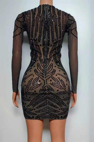 Sheer Black Long Sleeve Mini Dress with Intricate Beadwork