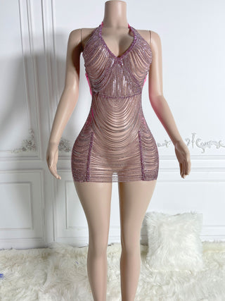 Ships in 1 to 3 Days - Elegant Crystal Chain Embellished Mini Dress with Plunge Neckline