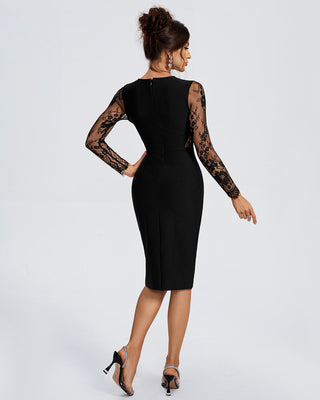 Ships in 1 to 3 Days - Sophisticated Lace Panel Midi Dress with Sheer Sleeves and Crystal Brooch