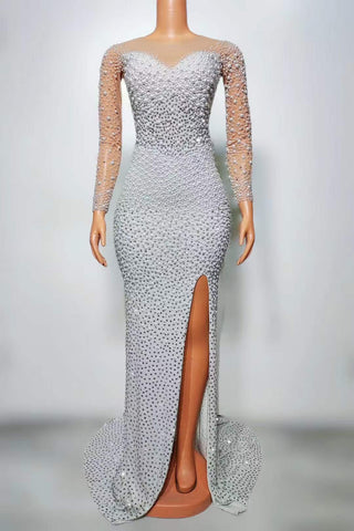 Luxurious Long Sleeve Beaded Gown with High Slit