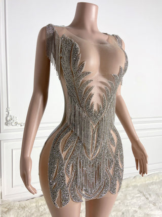 Crystal-Embroidered Sheer Mini Dress with Draped Chain Details