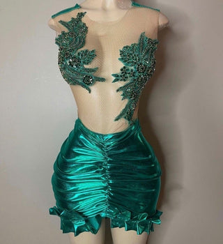 Emerald Green Mesh Embellished Ruched Mini Dress with Ruffle Hem