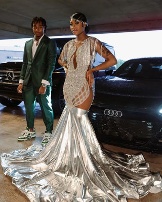 Extravagant Silver Mermaid Gown with Crystal Embellishments