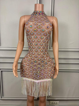 Glamorous Beaded Illusion Halter Dress with Fringe Hem