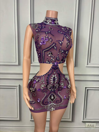 Opulent Crystal Embellished High-Neck Cut-Out Mini Dress