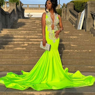 Stunning Neon Green Mermaid Gown with Crystal Embellishments