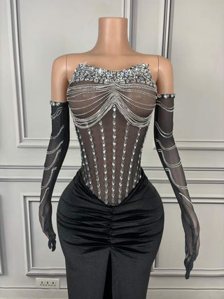 Exquisite Sheer Corset Gown with Embellished Sleeves