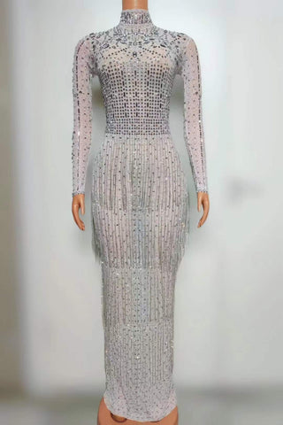 Elegant High Neck Beaded Long Sleeve Gown