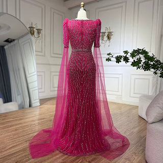 Fuchsia Mermaid Evening Gown with Cape Sleeves and Beaded Embellishments for Formal Occasion