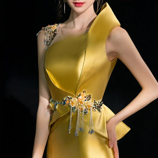 Golden Gown with Detailed Waist Embellishments