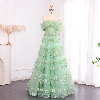 Luxury Sage Green 3D Flowers Evening Dress with Cape - Elegant Sweetheart Arabic Wedding Party Gown