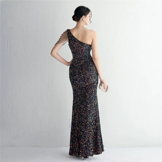 Sexy Slit Burgundy Sequin Dress - One-Shoulder Beaded Long Evening Party Maxi Dress for Women