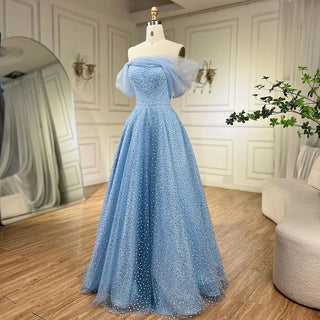 Ships in 1 to 3 Days - Arabic Blue Elegant A-Line Floor Length Luxury Evening Dress - Beaded Wedding Party Gown for Women