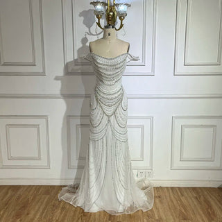 Dubai White Nude Strapless Mermaid Luxury Evening Dresses Gowns Pearls Beaded for Women Wedding Party 2024