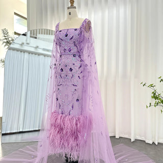 Dubai Luxury Lilac Evening Dress with Feathers and Cape Sleeves: Ankle Length Midi Elegance for Arabic Women's Wedding Party Gowns