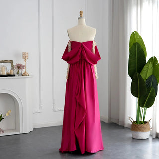 Rose Radiance: Off-Shoulder Fuchsia Evening Party Dress with Arabic Beaded Elegance and Long Sleeves - Perfect for Weddings and Formal Proms.