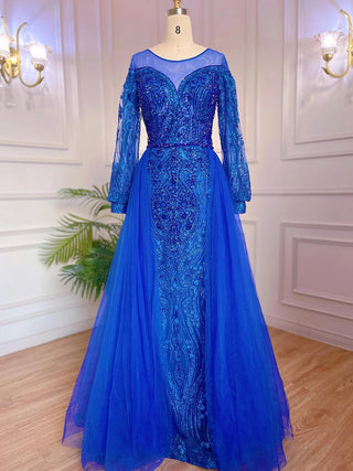 Muslim Blue Elegant Mermaid Luxury Evening Dress - Women's Party Gown 2024 with Beaded Over Skirt