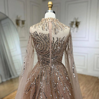 Caramel Dream: 2024 Luxury Evening Dress with Cape Sleeves - A-Line Beaded Lace Gown for Women's Wedding Party