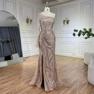 Dubai Nude One-Shoulder Luxury Beaded Feathers Split Mermaid Evening Dress - Gown for Women's Party