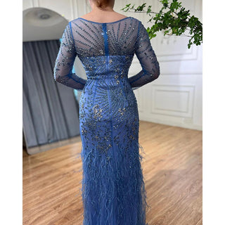 Arabic Blue Mermaid Elegant Feather Beaded Evening Dress: Sophisticated Gown for Women's Party 2024