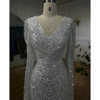 White Luxury Pearls Beaded Mermaid Evening Dress 2024 with Cape Sleeves - Ideal for Women's Wedding Party