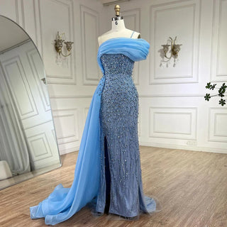 Blue One-Shoulder Beaded Pearls Mermaid Evening Dress Gown with Split for Party