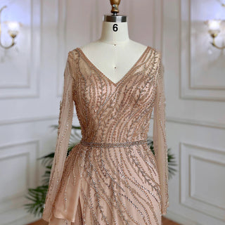 2024 Nude Mermaid Evening Gown: Sexy High Split, Beaded Detail, and Accompanying Skirt for Women's Wedding Celebrations