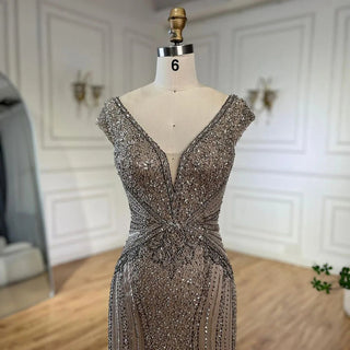 Ships in 1 to 3 Days - Dubai Beige Elegant Sleeveless Mermaid Beaded Arabic Evening Dresses Gowns for Women Wedding Party 2024