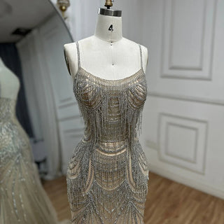 Ships in 1 to 3 Days - 2024 Silver Nude Spaghetti Strap Mermaid Evening Dress - Luxury Beaded Tassel Gown for Formal Occasions