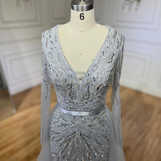 2024 Dubai Gray Long Sleeves Mermaid Beaded Arabic Luxury Evening Dress: Gowns for Women's Wedding Party