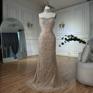 Ships in 2 to 5 Days - White Beaded Mermaid Evening Dresses For Women Saudi Wedding Party