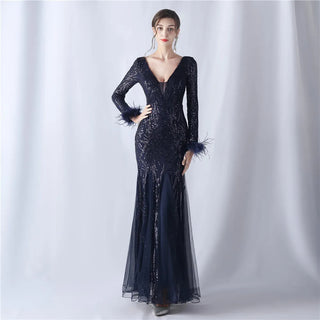 Sexy Gold Sequin Feather Long Sleeve Prom Dress - Evening Party Maxi Dress for Women