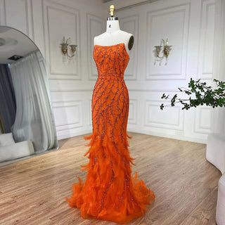 Ships in 1 to 3 Days - Sunkissed Glamour: Orange Spaghetti Strap Mermaid Evening Gown - Luxury Feather and Bead Detail for Women's Wedding Party