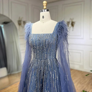 Luxury Dubai A-Line Blue Evening Dress with Cape Sleeves - Feathers Beaded Gown for Women's Wedding Party (2024)