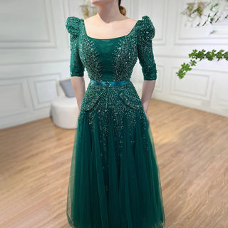 Blue Midi Evening Dress 2024 - Luxury Dubai Muslim Ankle-Length Arabic Short Wedding Formal Party Gown