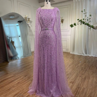 Arabic Purple Mermaid Long Evening Dress with Cape Sleeves - Beaded Luxury Dubai Gown for Women's Party