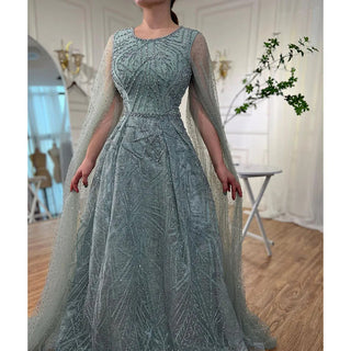 Blue Muslim A-Line Evening Dress 2024 with Cape Sleeves, Beaded Luxury - Ideal for Women's Wedding Party