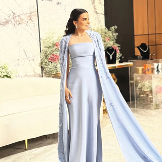 Arabic Blue Mermaid Evening Dress with Cape Sleeves 2024 Luxury Beaded Dubai Women Wedding Guest Party Gowns