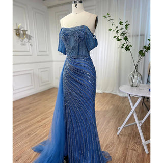 Arabic Blue Elegant Mermaid Evening Dress 2024 - High Split, Beaded Luxury Gown for Women's Wedding Party