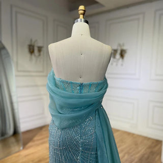 Turquoise Luxury Evening Dress with Side Train - Pearls One Shoulder Gown for Women's Formal Prom Wedding Party