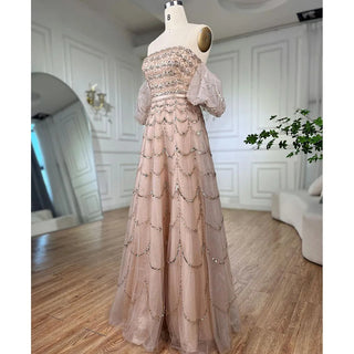 Ships in 1 to 3 Days - Arabic Pink A-Line Strapless Evening Gown: Beaded Long Dress for Women's Wedding Party 2024