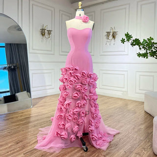 Ships in 1 to 3 Days - Mermaid Evening Dress for Girls: Arabic Pink 3D Flowers Elegant Strapless Dress with Side Slit Prom Party Gowns