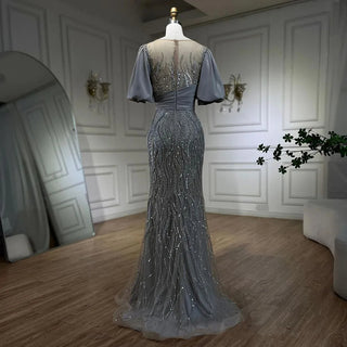 Silver Nude Luxury Mermaid Beaded Evening Dress Gown 2024: Puffy Sleeves, Elegant for Women Party