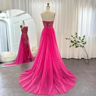 2024 Luxury Dubai Fuchsia Evening Dress with Overskirt: Scalloped High Slit, Ideal for Arabic Women's Wedding and Party Gowns