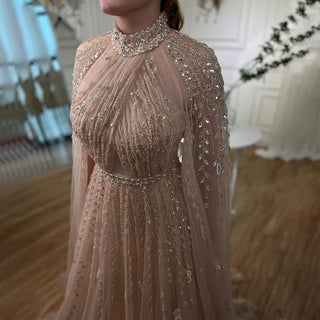 Dubai Arabic Luxury Nude A-Line Beaded Evening Dress with Cape Sleeves - Elegant Gown for Women Wedding Party 2024