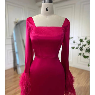 Fuchsia Elegant Arabic Mermaid Evening Dress 2024: Sexy Feathers, Ideal for Women's Wedding Party