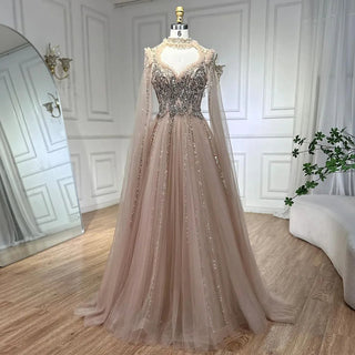 Ships in 1 to 3 Days - 2024 Arabic Nude A-Line Elegant Evening Dress with Cape Sleeves - Beaded Luxury Gown for Women's Wedding Party