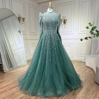 Ships in 1 to 3 Days - 2024 Dubai Arabic Designer Luxury Sage Green A-Line Beaded Evening Dress: Perfect for Women's Wedding Party