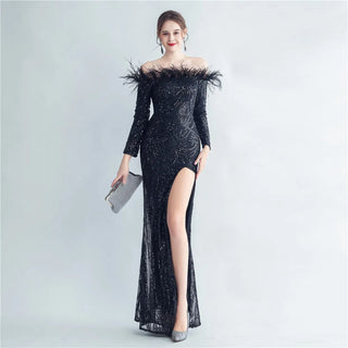 Off-Shoulder Feather Sequin Full Sleeve Evening Dress - Long Party Maxi Dress