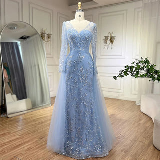 Ships in 1 to 3 Days - Blue Mermaid Elegant Evening Dress with Train - Beaded Luxury Arabic Gown for Women's Wedding Party 2024